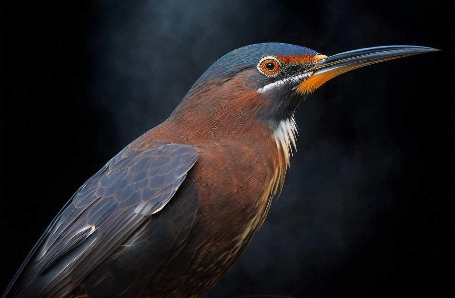 Chestnut-Colored Bird with Sharp Beak and Orange Eyes on Dark Background