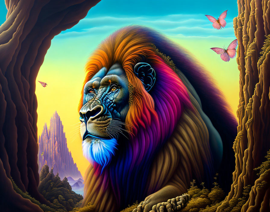 Colorful lion with gradient mane and butterflies in mystical cave setting