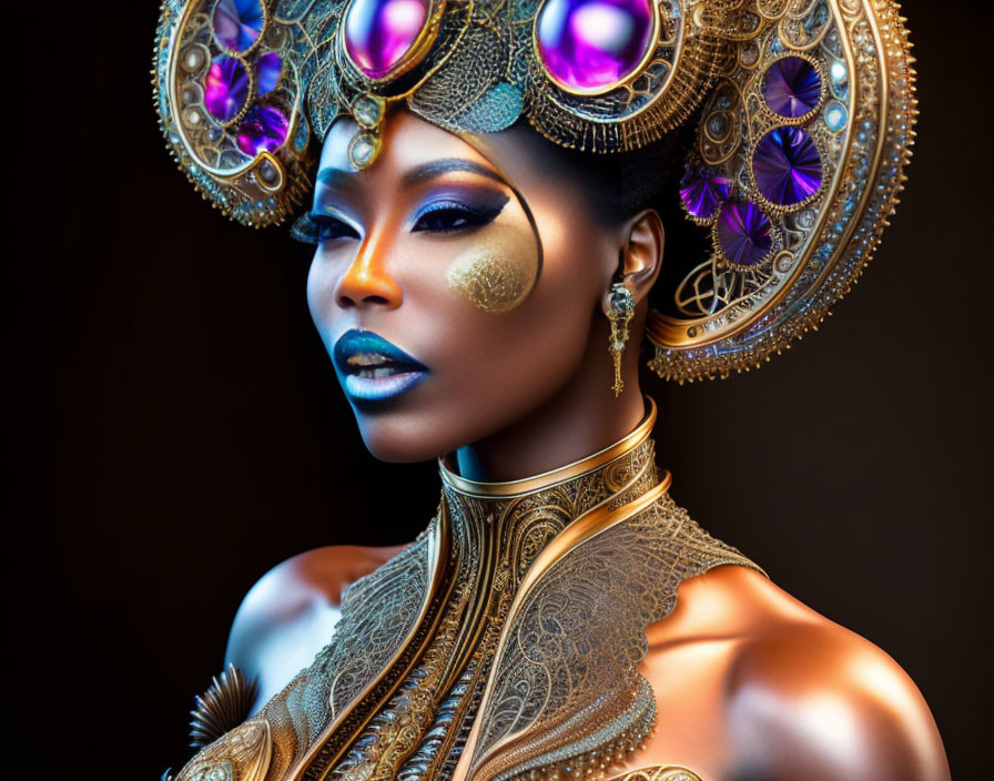 Ornate golden headgear and jewelry on woman with purple accents