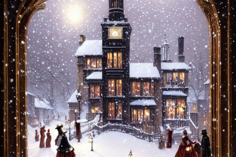 Victorian-style building with people in period clothing under snowfall