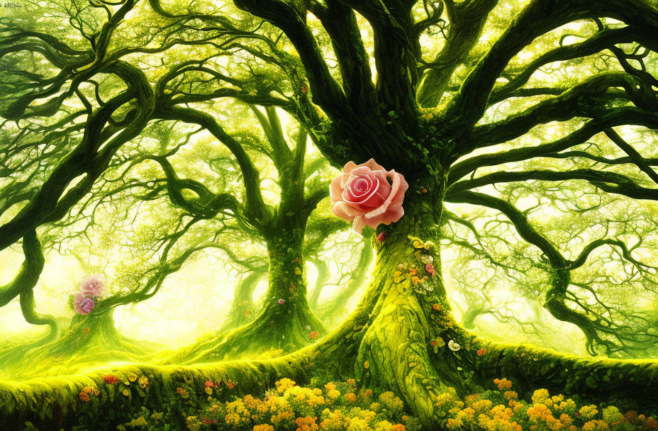 Vibrant forest scene with twisting tree trunk and pink rose