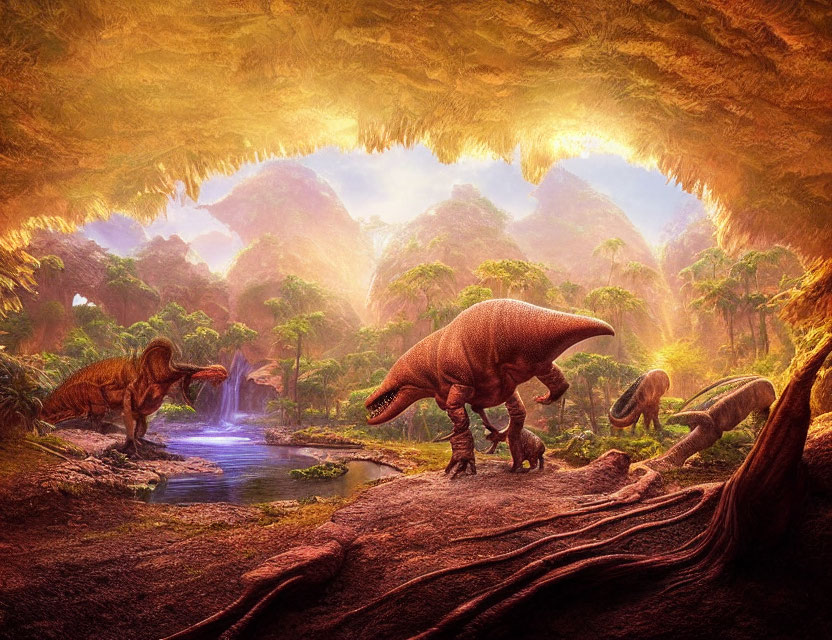 Prehistoric landscape with dinosaurs, lush vegetation, water, and cave framing