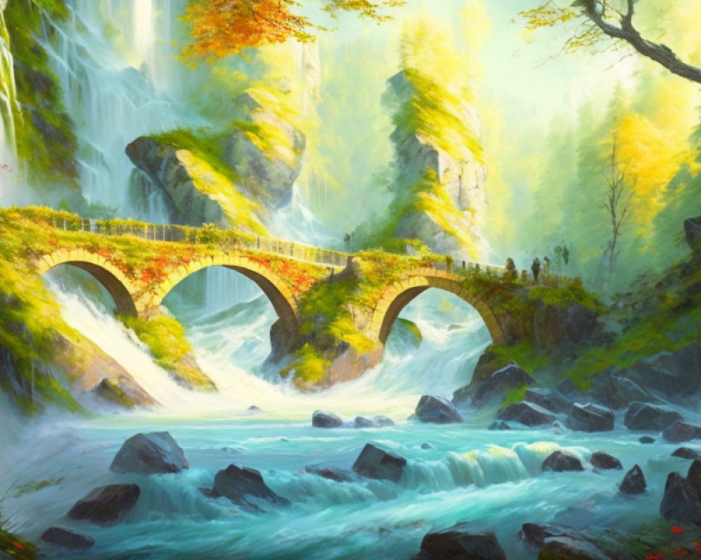 Stone arched bridge over rushing river with lush waterfall and verdant trees