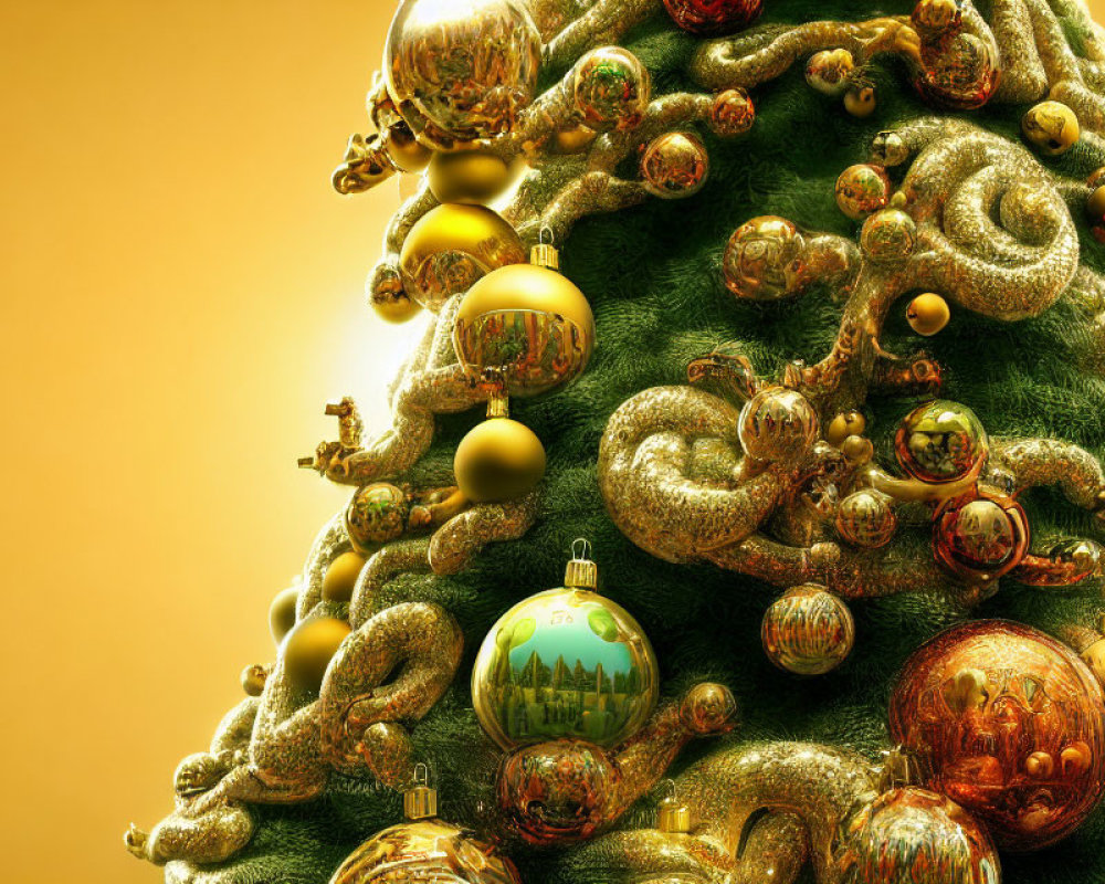 Festive Christmas tree adorned with gold ornaments and garlands