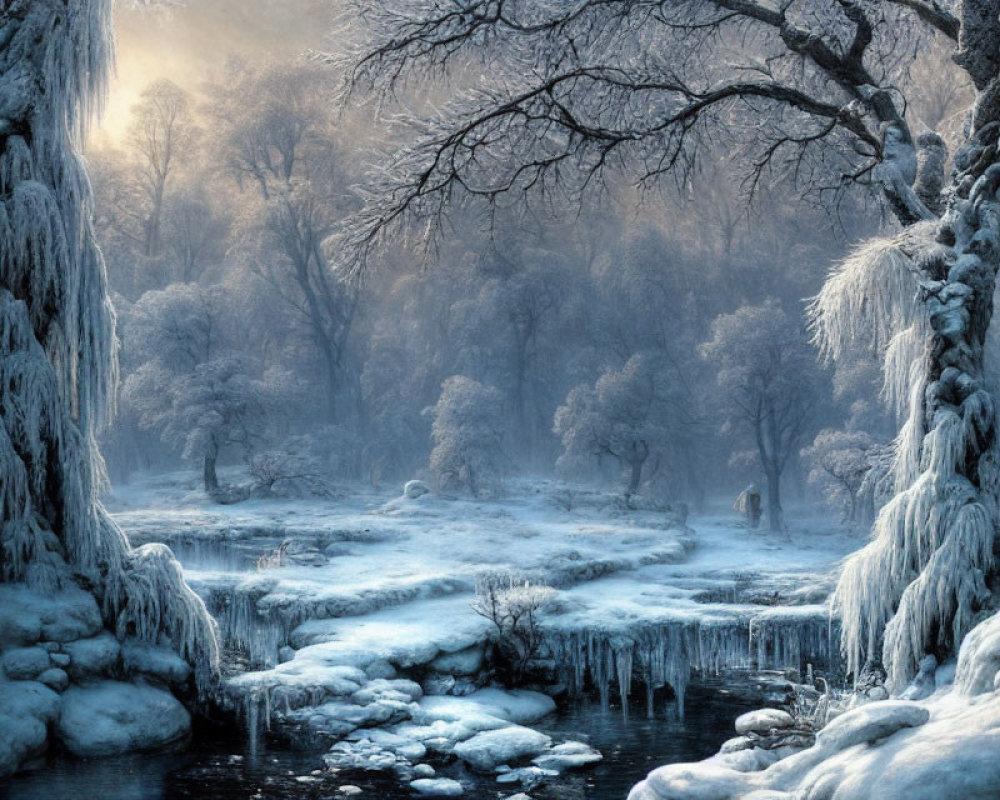 Snow-covered trees, icy water, and dangling icicles in serene winter landscape