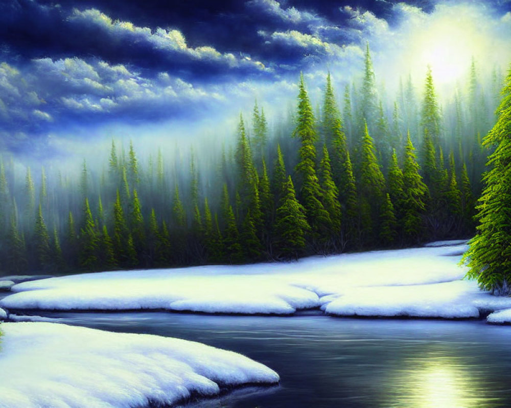 Snow-covered river landscape with pine trees under dramatic sky