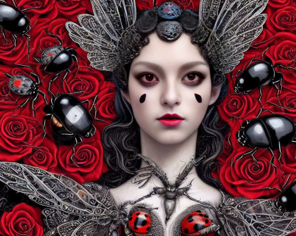 Stylized portrait of woman with pale skin and red eyes, surrounded by red roses and insects