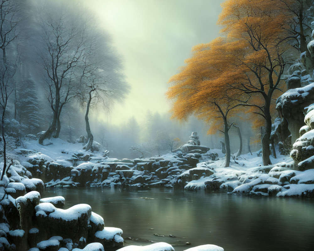 Tranquil winter scene with river, snow, autumn leaves, and soft light