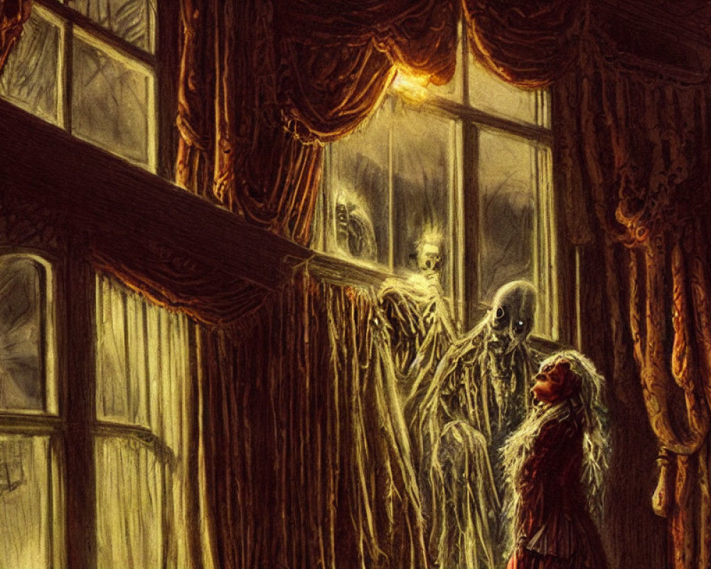 Gothic skeletal figure at dimly lit window with mysterious ambiance