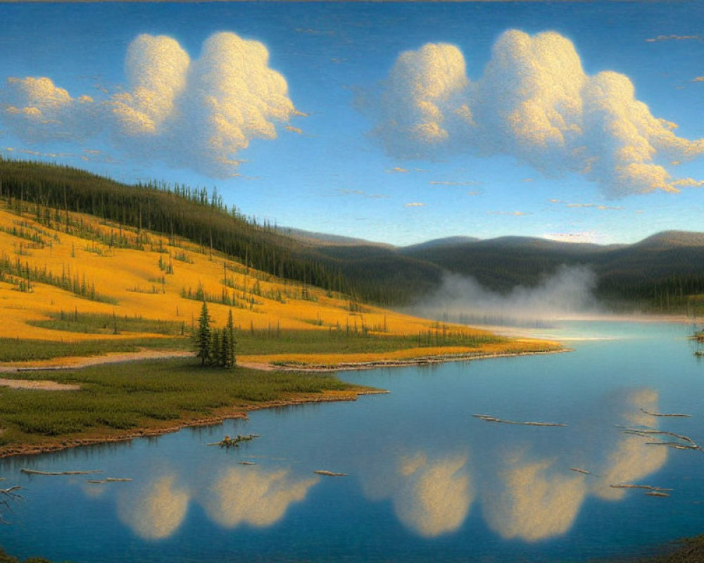 Tranquil landscape: serene lake, yellow fields, dense forests