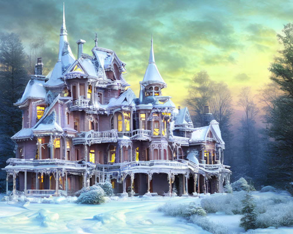 Victorian mansion in snow at dusk with forest backdrop and colorful sky