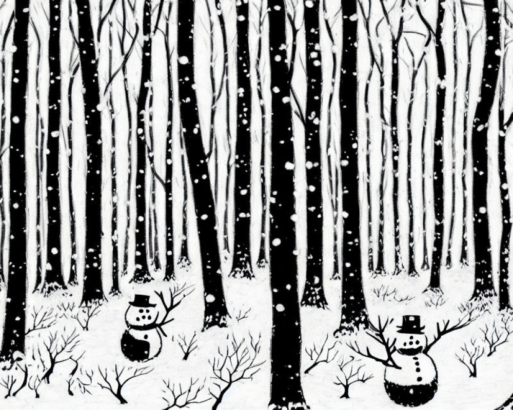 Snowy forest monochrome illustration with snowmen and falling snowflakes