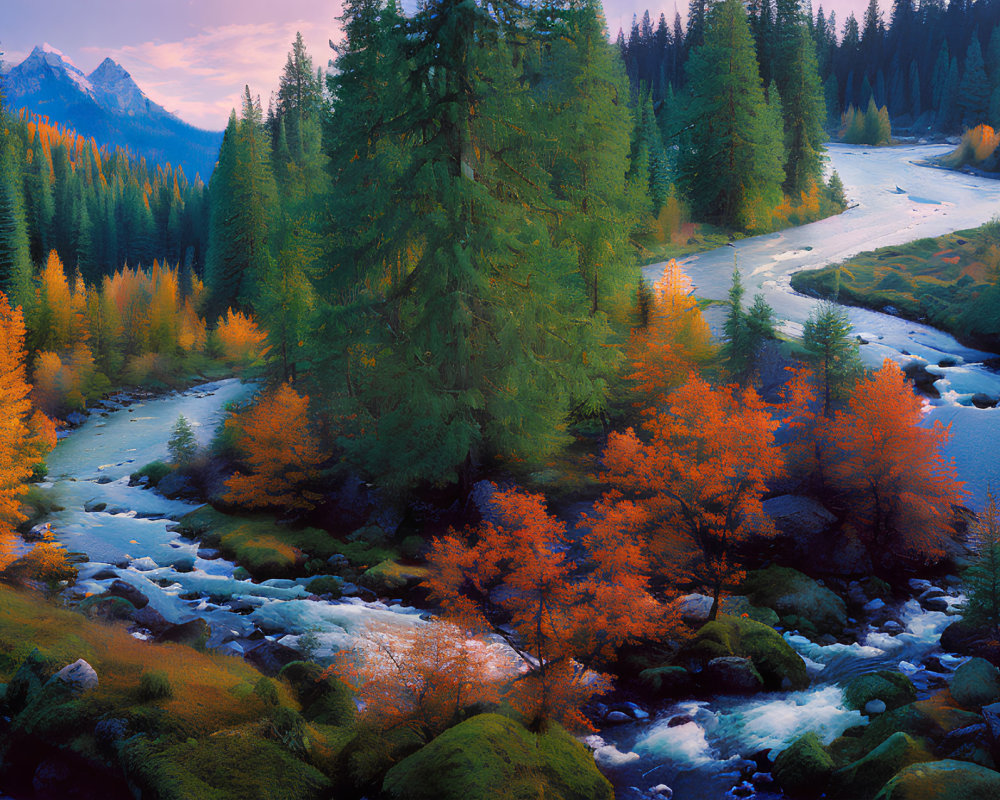 Scenic autumn river with misty mountains