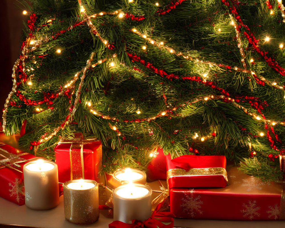 Festive Christmas scene with tree, lights, gifts, and candles