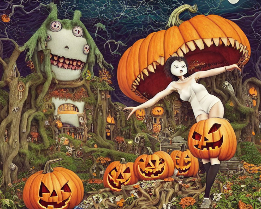 Whimsical Halloween scene with white makeup character, carved pumpkins, giant pumpkin house, and gr