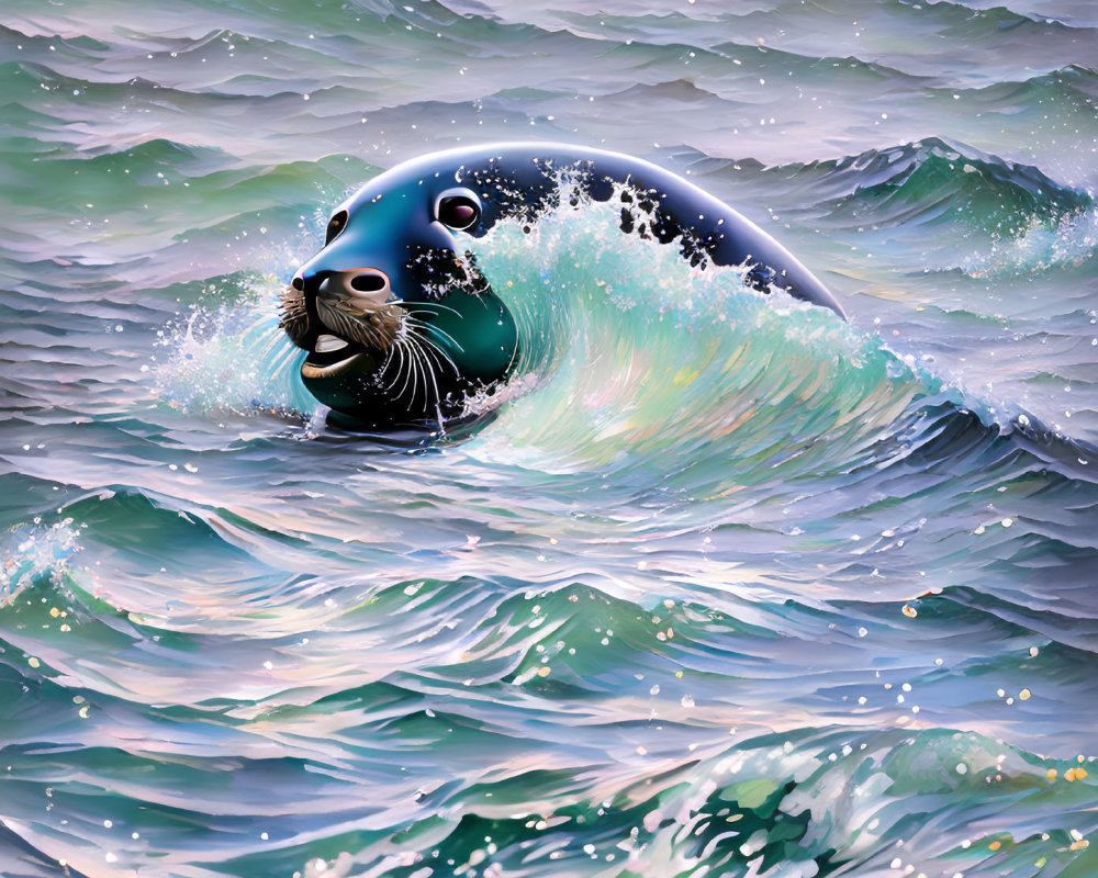 Seal emerging from wave with whiskered face, playful motion in water