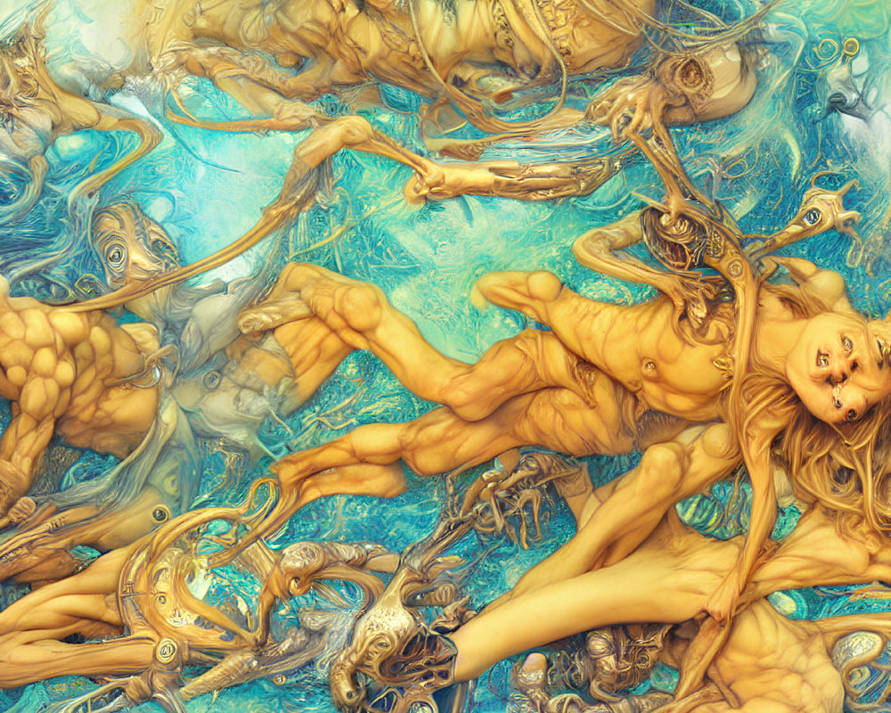 Surreal Artwork: Intertwined Human and Mechanical Figures in Golden and Blue Palette