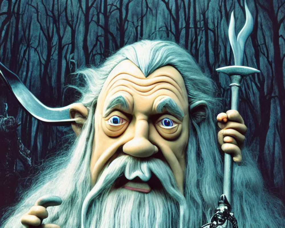 Elderly wizard with white beard and staff in front of dark forest