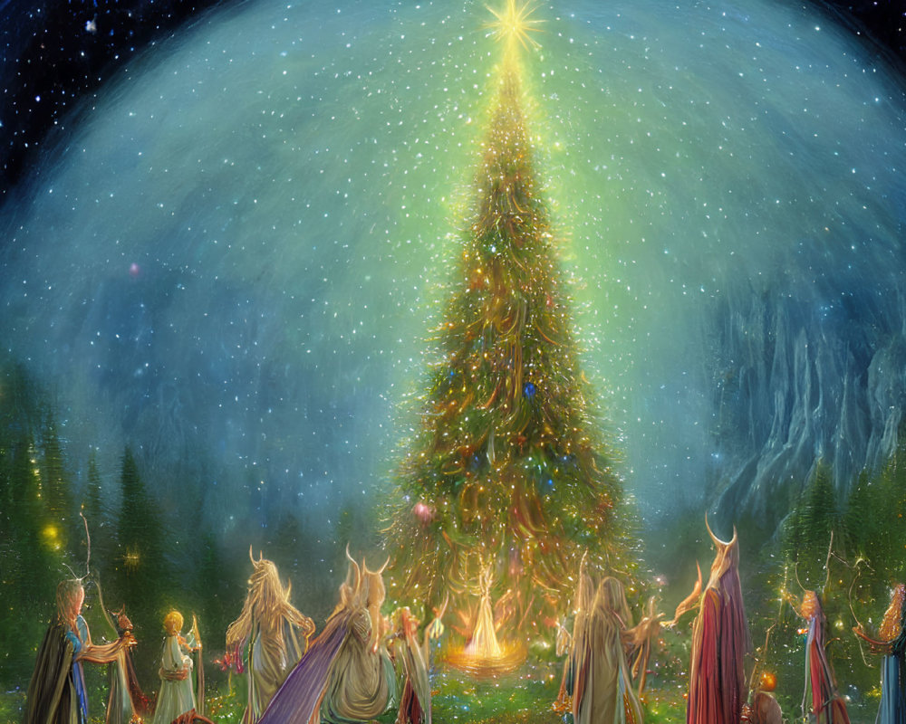 Illustration of robed figures around illuminated Christmas tree under starry sky