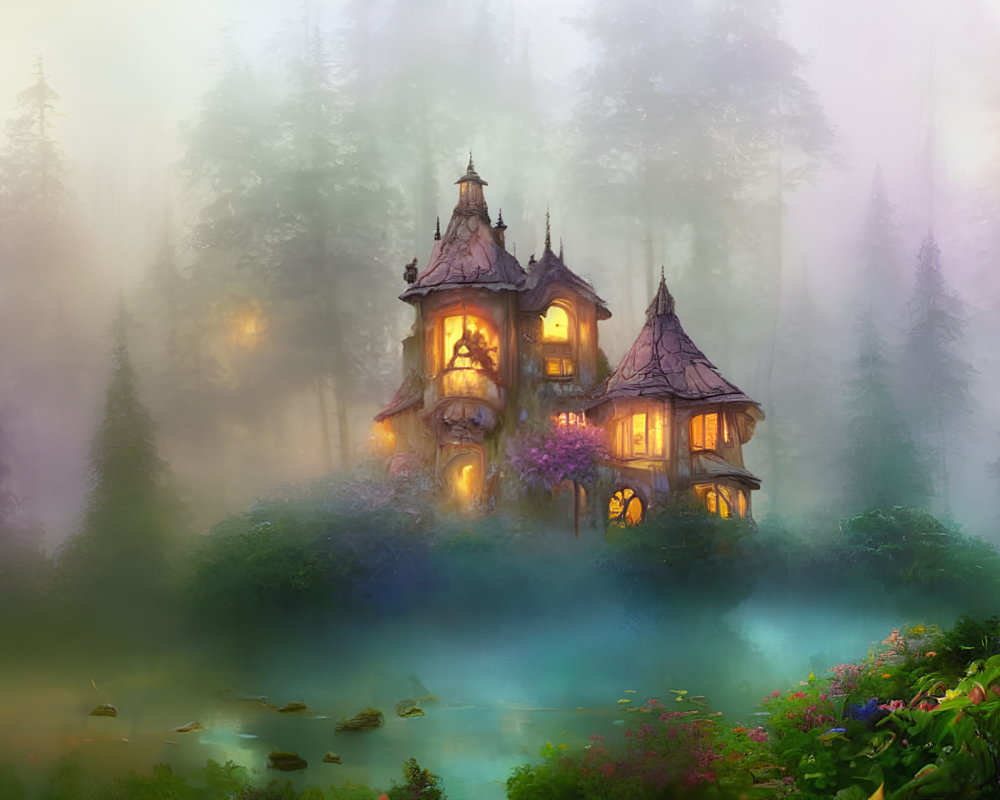 Enchanting fairytale cottage in misty forest by serene pond