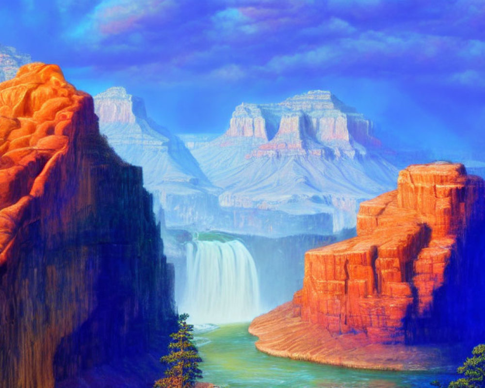 Scenic landscape: waterfall, red rocks, purple sky