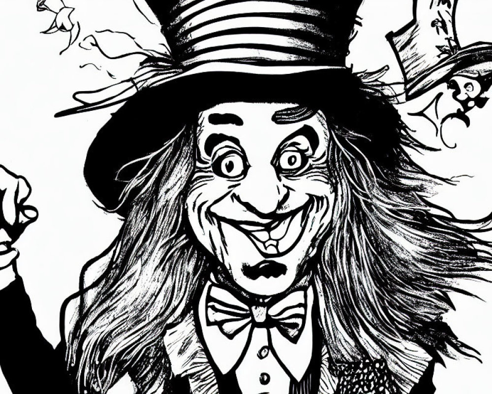 Whimsical character with wide grin, top hat, bow tie, and bat in black and white