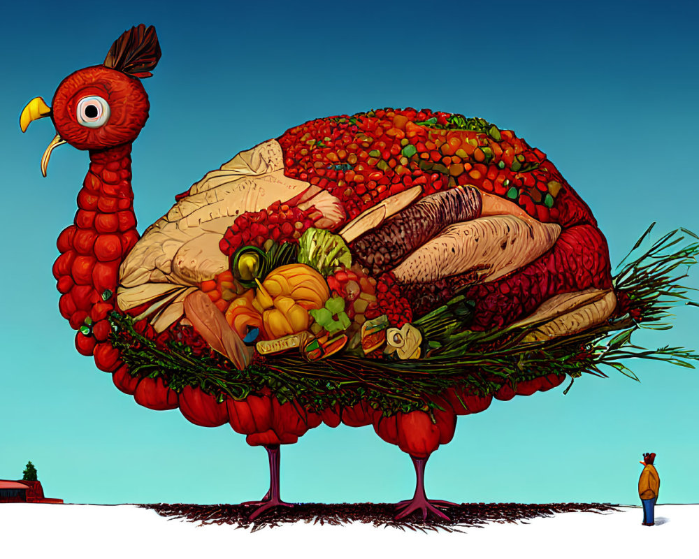 Giant Turkey Made of Foods with Figure and Farmhouse Background