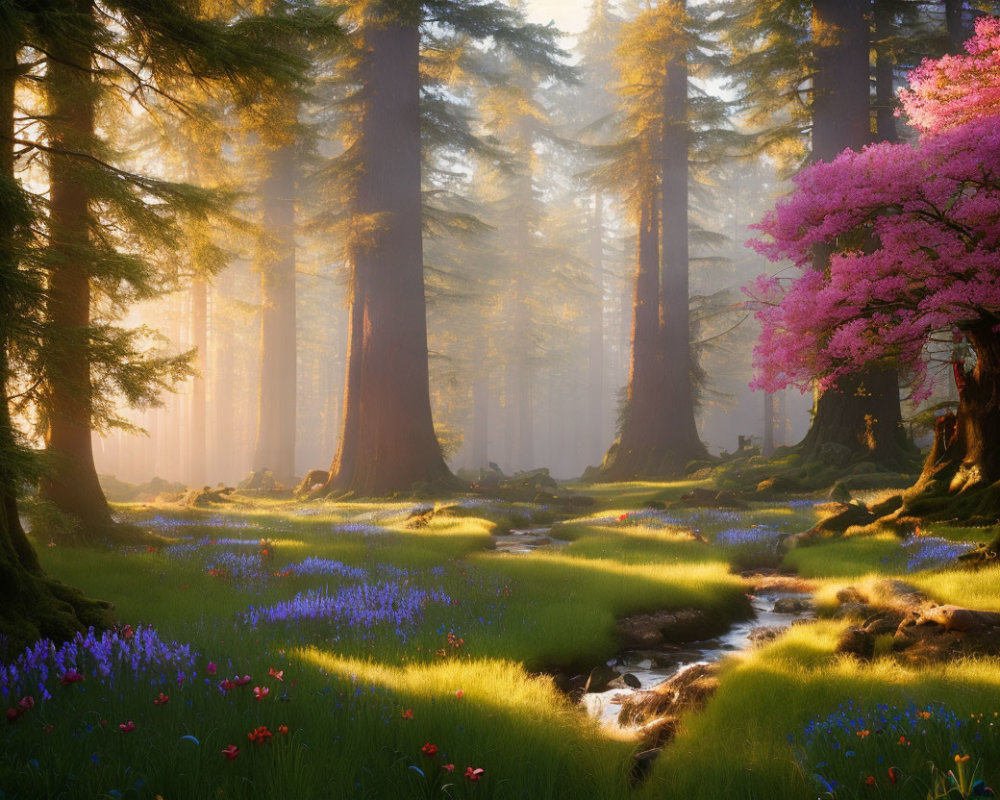 Forest scene with pink tree and stream under sunlight