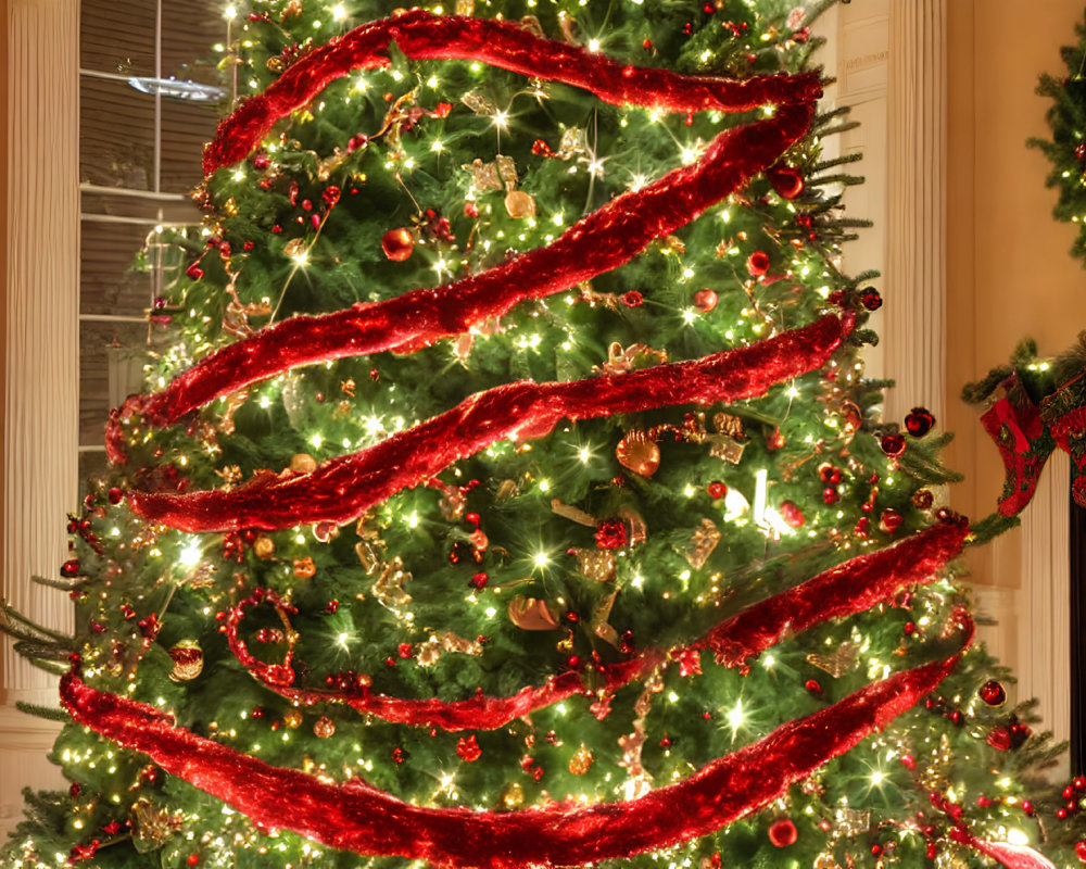 Festive Christmas tree with red garlands, lights, ornaments, and stockings