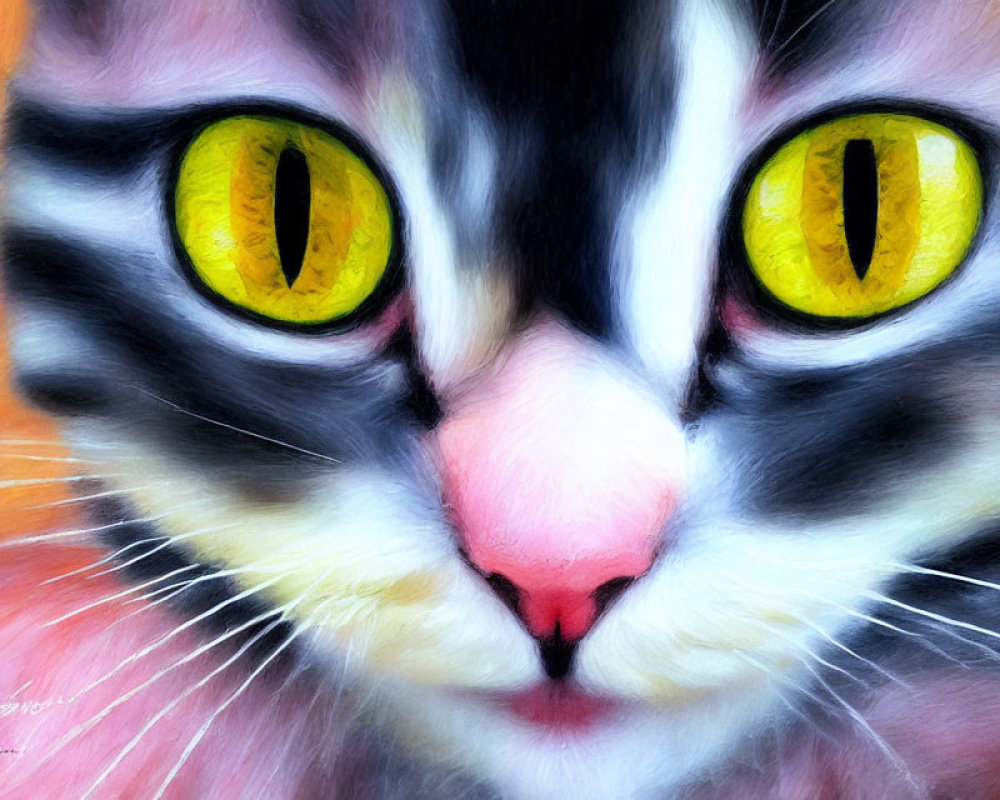 Detailed digital painting of a cat with yellow eyes and black/white fur