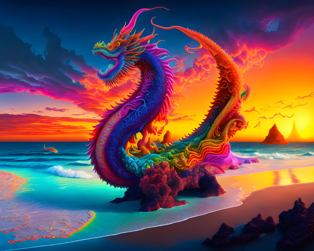 Mythical Dragon Artwork Against Dramatic Sunset Sky