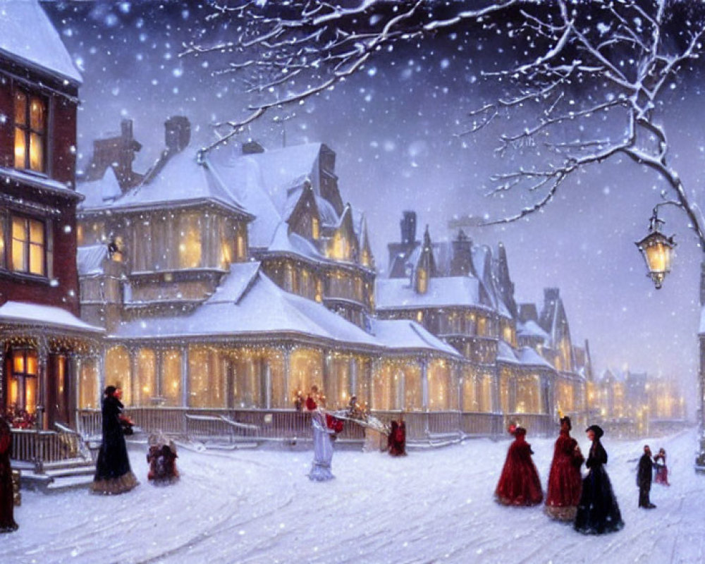 Victorian-style houses on snowy street at night with people in period clothing and glowing street lamps.