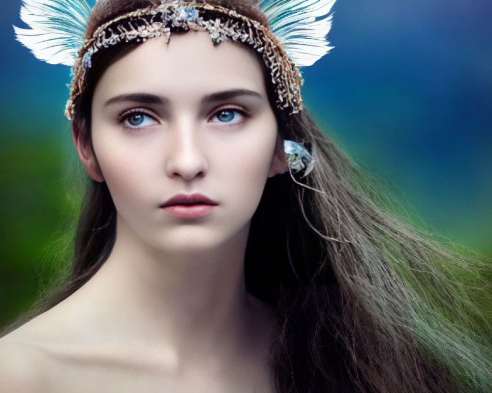 Portrait of a young woman with a feathered headband and dark hair flowing, set against a blurred