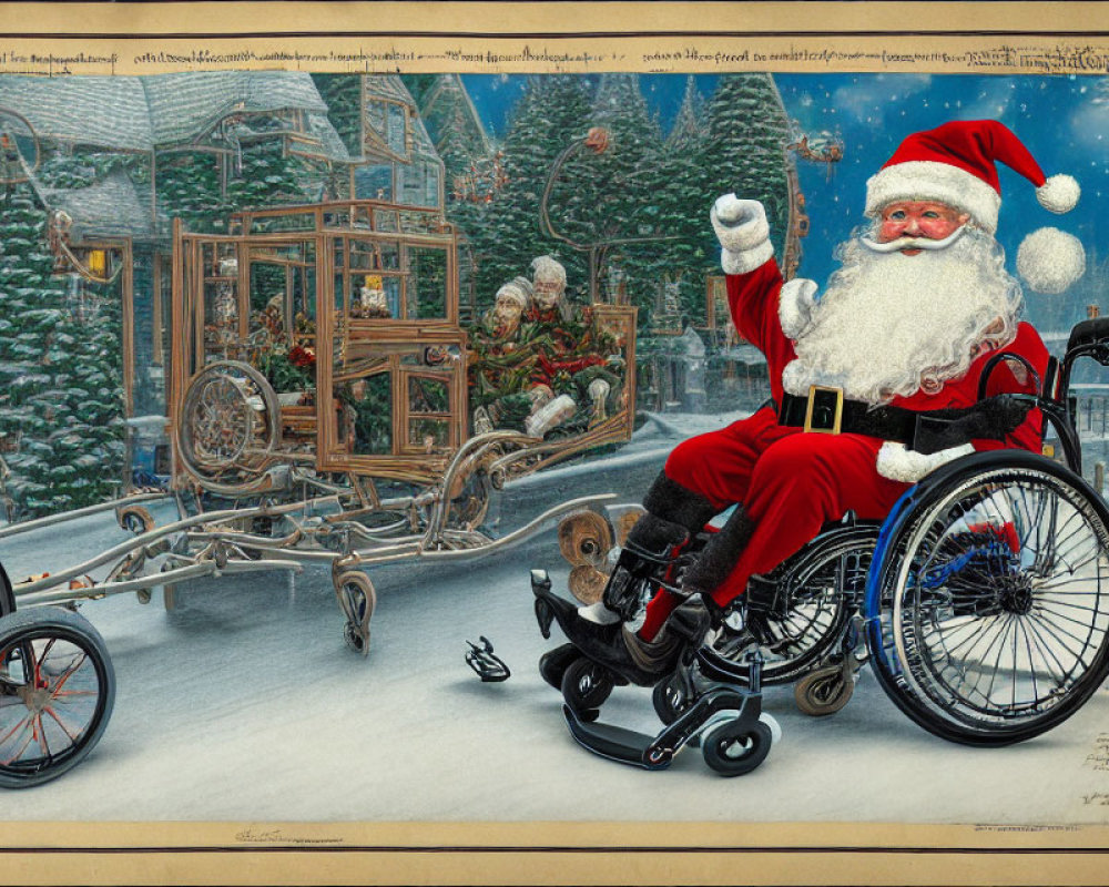 Santa Claus in wheelchair with prosthetic leg, reindeer in wheelchair, and elf with crutches beside