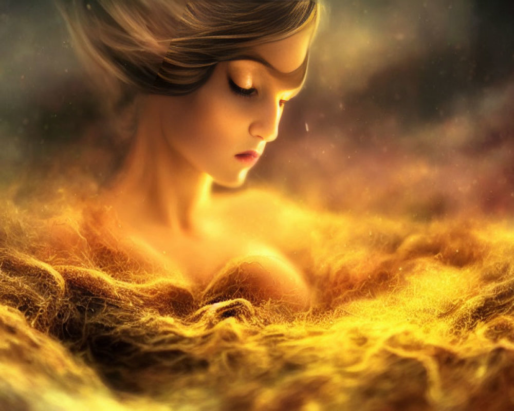 Woman with closed eyes in golden fluffy texture under warm soft glow