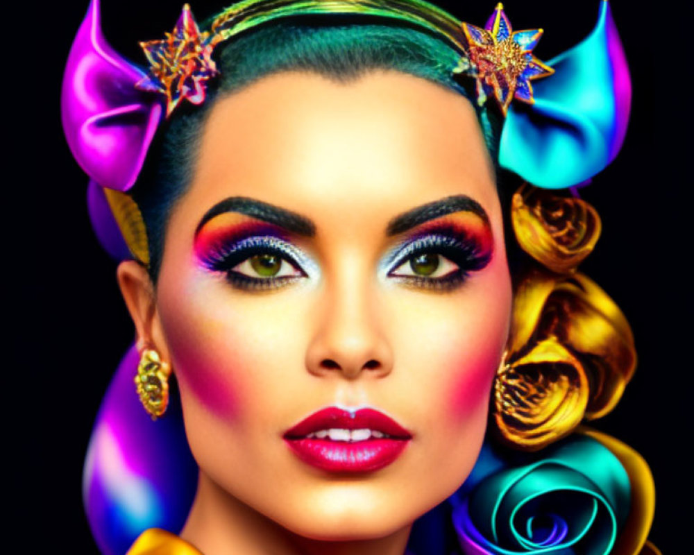 Colorful Makeup and Decorative Horns Portrait on Black Background