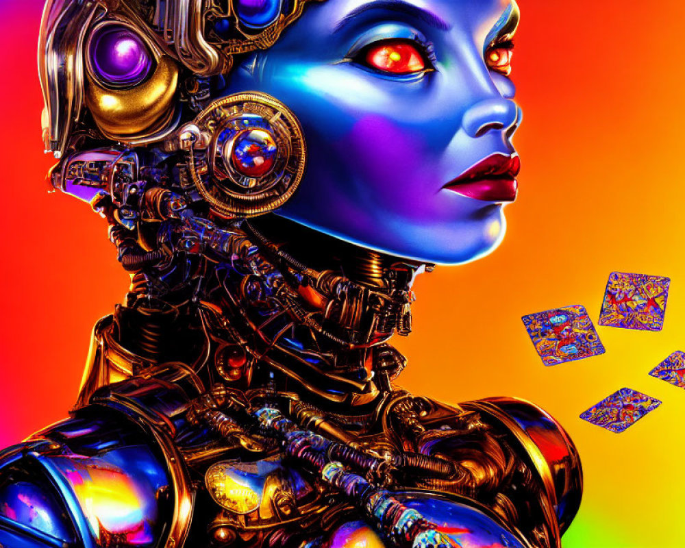 Futuristic female android with blue skin and intricate mechanical details on vibrant gradient background