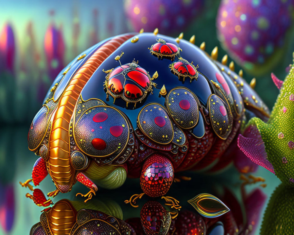 Vibrant fantasy landscape with intricately decorated beetle and colorful plant-like structures