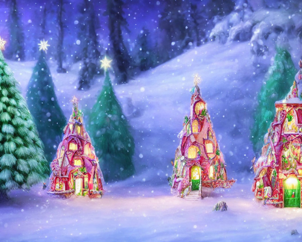 Snow-covered gingerbread houses in whimsical winter scene