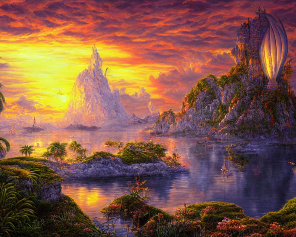 Vivid sunset over fantastical landscape with rocky islands, airship, and lush greenery