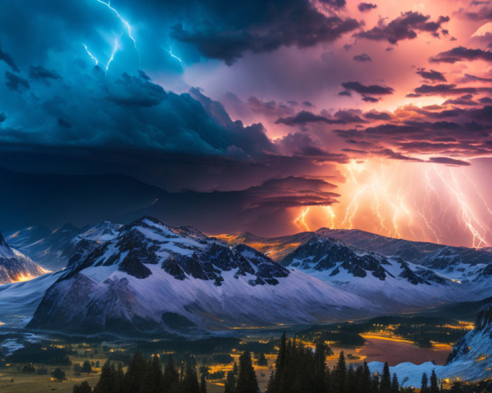 Majestic mountain range under dramatic night sky with lightning strikes