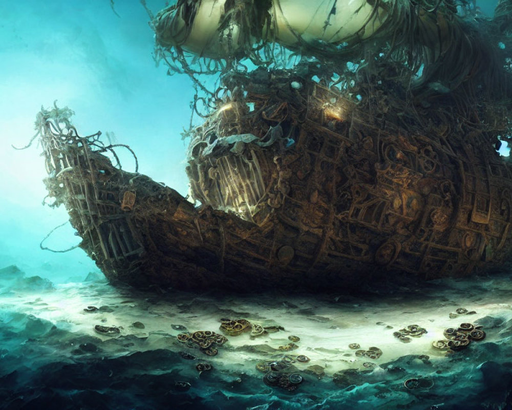 Sunken ship engulfed in marine vegetation in eerie underwater scene