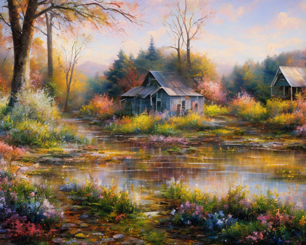 Tranquil landscape painting of colorful meadow and cottages by reflective pond