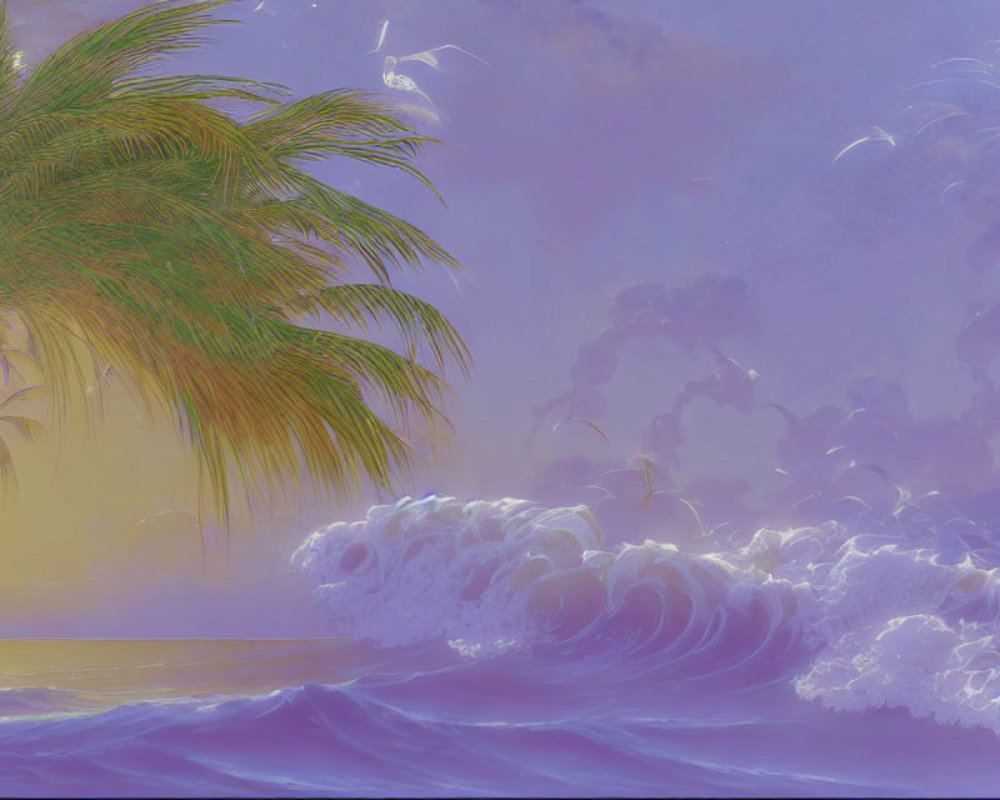 Surreal beach digital artwork: glowing purple haze, palm tree, foamy waves, yellow sky