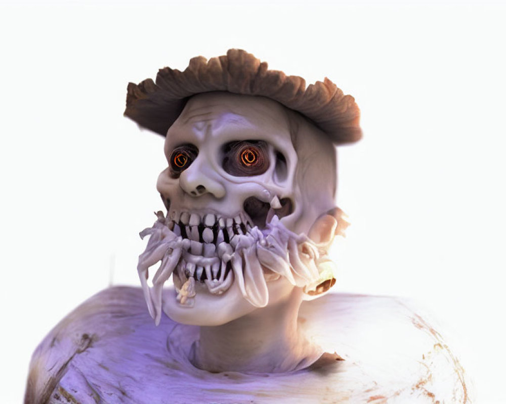 Exaggerated skull skeleton with wide eyes and multiple teeth in hat on white background