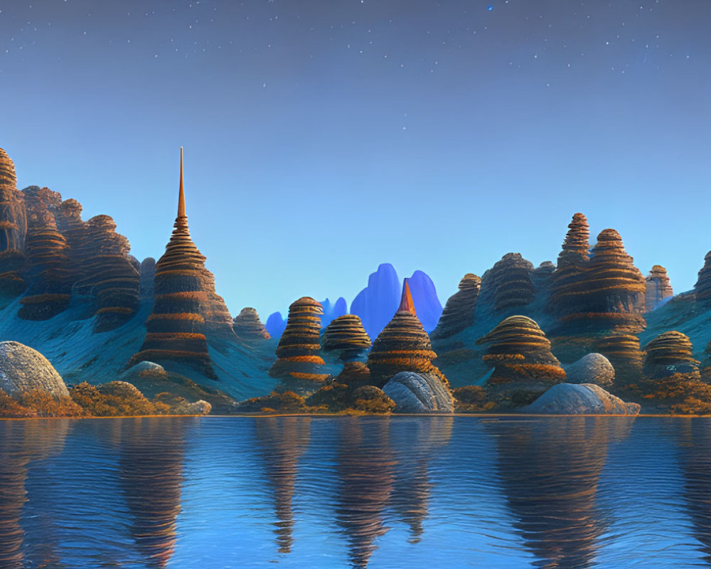 Alien landscape with layered rocks, reflective water, tall spires, crescent moon