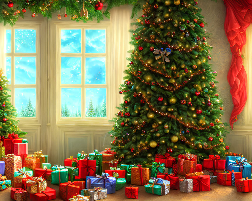 Festive room with large Christmas tree and colorful gifts beside snowy window