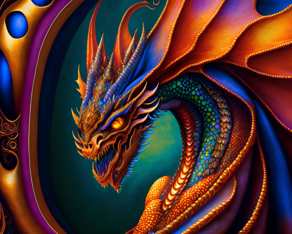 Detailed illustration of vibrant dragon with orange scales and fiery eyes