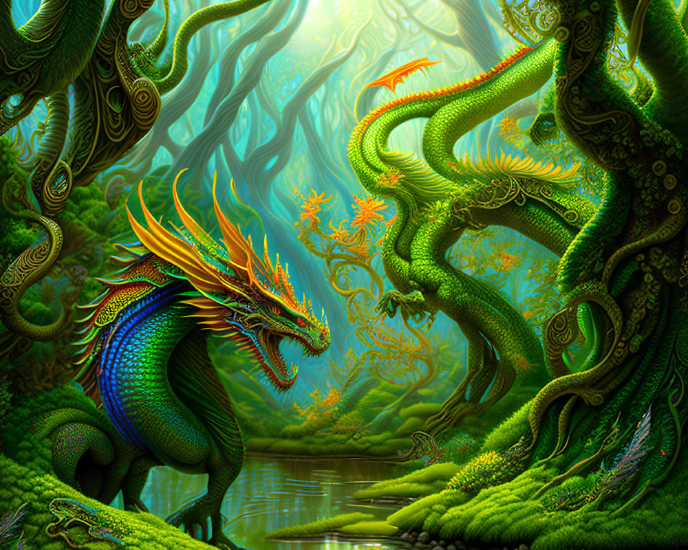 Colorful Dragon in Enchanted Forest Scene Illustration