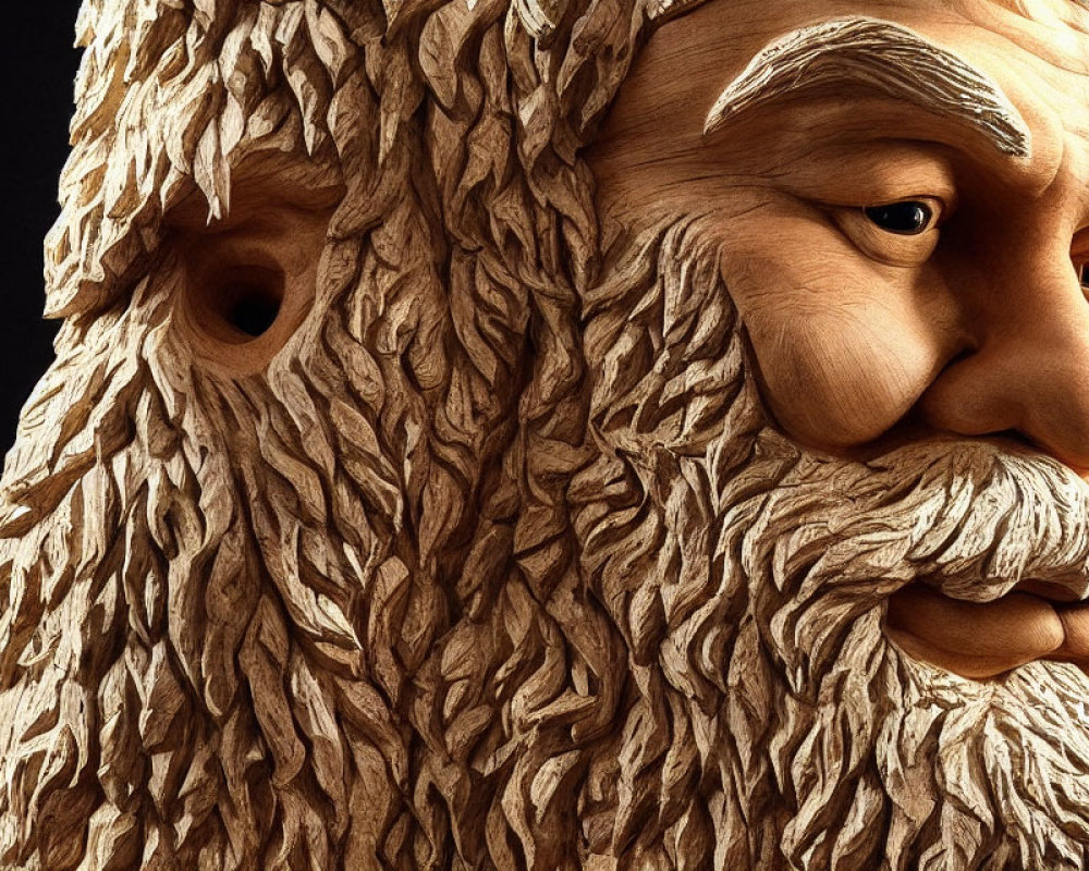 Detailed Wooden Figure with Carved Beard and Expressive Eyes